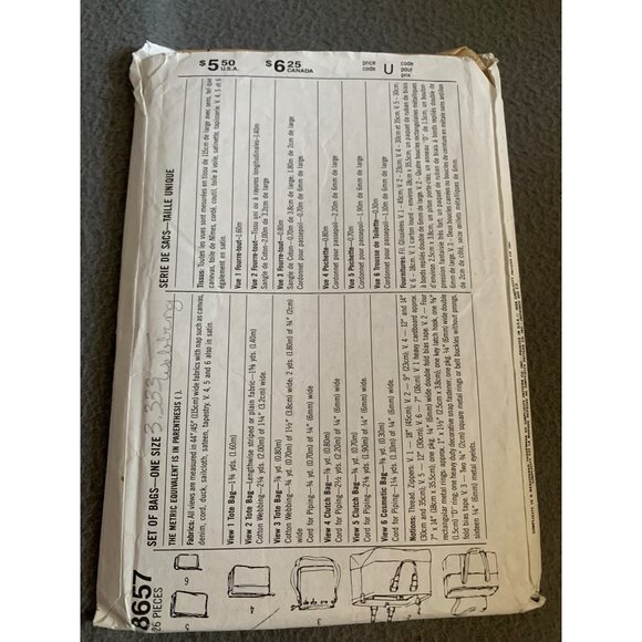 Simplicity 8657 Tote Bag Sewing Pattern One Size Crafts Collection Vintage Desig - Picture 2 of 2